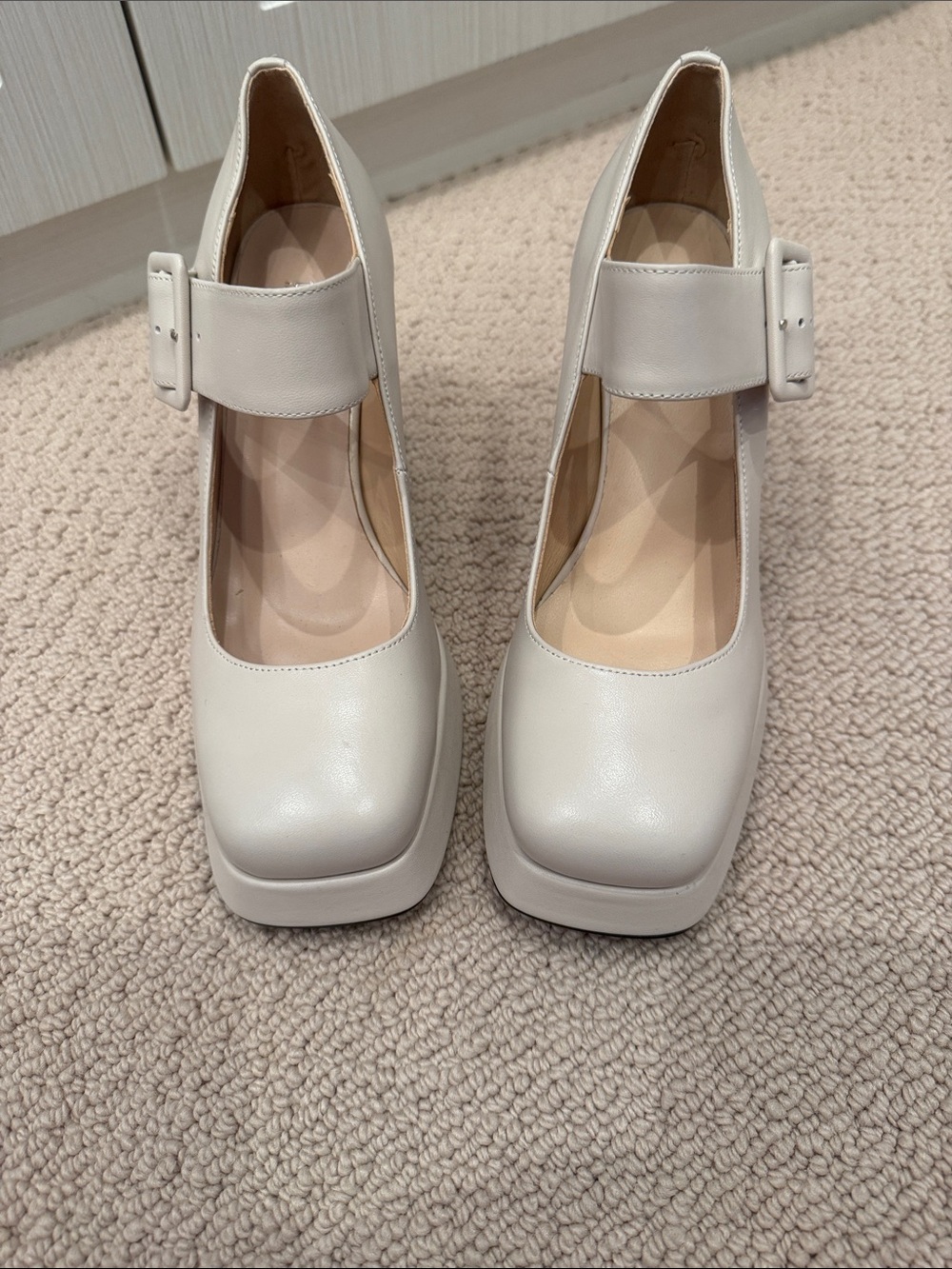 Platform Mary Jane Pumps in Cream with Adjustable Buckle Strap